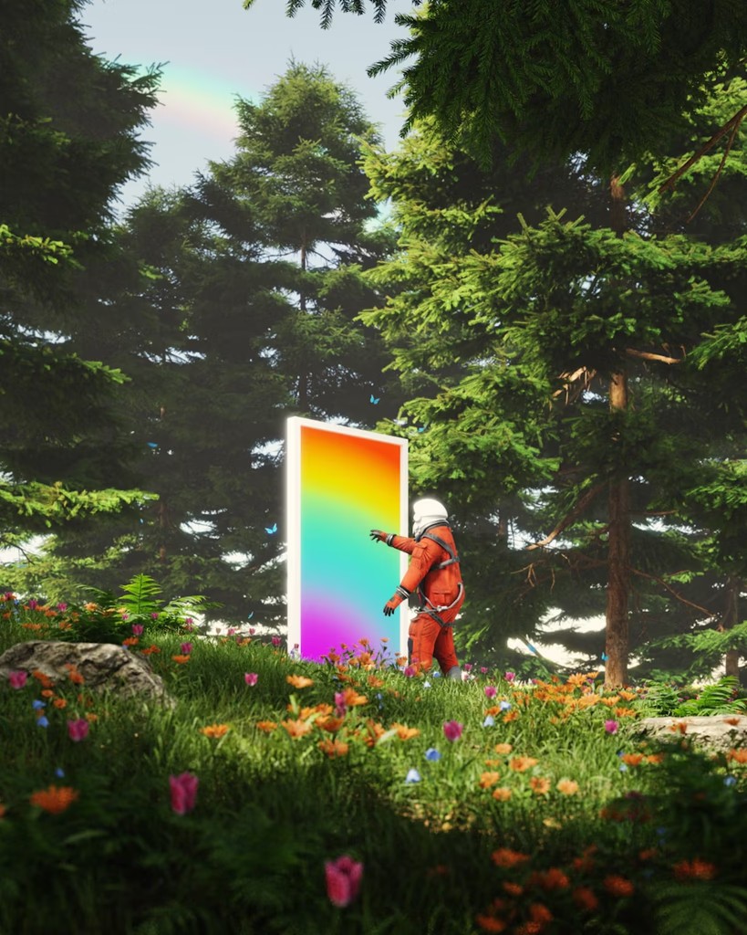 Astronaut in an orange suit reaching toward a glowing rainbow portal in a forest clearing